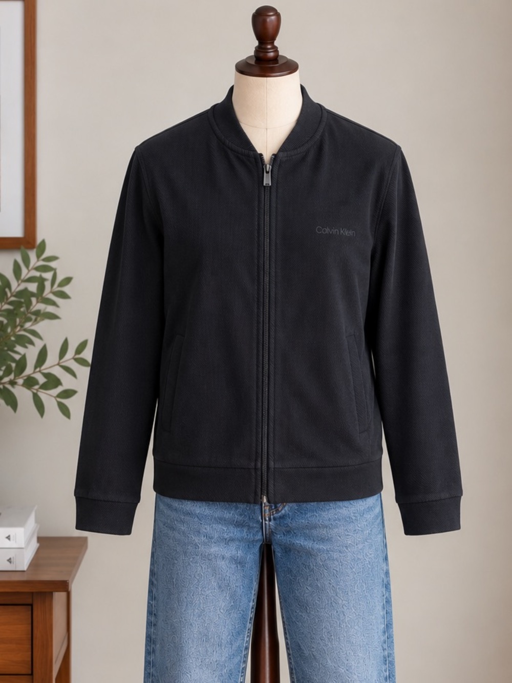Calvin Klein Black Full Zip Bomber Jacket M Minimalist Quiet Luxury Streetwear
